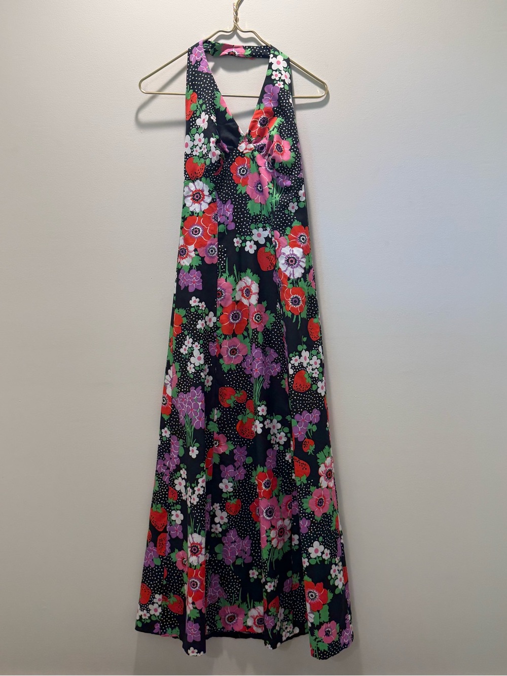 Vintage Black Floral Maxi Dress with Red and Pink Flowers